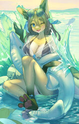Rule 34 | 1girl, animal ear fluff, anklet, bikini, black bikini, blue eyes, blush, borrowed character, breasts, cleavage, colored skin, commentary, dragon girl, english commentary, etivka, eyewear on head, fangs, feather hair ornament, feathers, feet, fewer digits, furry, furry female, green hair, green skin, hair between eyes, hair ornament, halterneck, highres, inflatable toy, jewelry, large breasts, long hair, looking at viewer, o-ring, one eye closed, open mouth, original, outdoors, pawpads, round eyewear, sitting, solo, spread toes, star (symbol), sunset, swimsuit, tail, tinted eyewear, toes, water, waves, wet