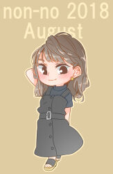 Rule 34 | 1girl, arm behind head, black dress, black shirt, blush, brown background, brown hair, brown outline, chibi, closed mouth, commentary request, dated, dress, earrings, full body, highres, inami anju, jewelry, kashikaze, long hair, looking at viewer, pinafore dress, real life, shirt, short sleeves, simple background, sleeveless, sleeveless dress, smile, solo, toes, voice actor