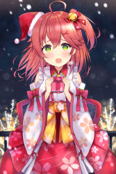 Rule 34 | 1girl, ahoge, bell, blush, box, cherry blossom print, christmas lights, detached sleeves, floral print, frills, gift, gift box, green eyes, hair bell, hair between eyes, hair ornament, hairclip, hat, highres, holding, holding gift, hololive, long hair, looking at viewer, mi taro333, nontraditional miko, one side up, open mouth, pink hair, sakura miko, sakura miko (1st costume), santa hat, snow, solo, virtual youtuber, wide sleeves