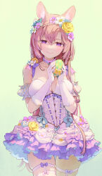 Rule 34 | 1girl, animal ears, bare shoulders, blue flower, blush, breasts, brown hair, character request, cleavage, collar, commentary, cowboy shot, dress, easter egg, egg, flower, flower request, hair between eyes, hair flower, hair ornament, hands up, head wreath, highres, holding, holding egg, horse ears, large breasts, long hair, looking at viewer, purple eyes, purple flower, smile, solo, syuri22, thigh strap, umamusume, very long hair, white background, white flower, yellow flower
