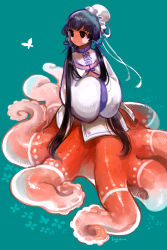 Rule 34 | 1girl, aqua background, black hair, blue background, bun cover, chinese clothes, female focus, hair bun, hands in opposite sleeves, hat, highres, hogara, low twintails, mob cap, monster girl, original, scylla, signature, simple background, single hair bun, solo, tentacles, twintails, white hat