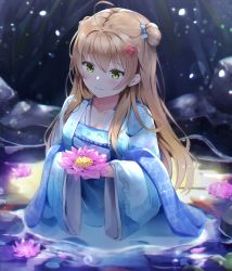 Rule 34 | 1girl, ahoge, aizawa (aizawatsu), animal, blue kimono, blue ribbon, blush, breasts, brown hair, cleavage, closed mouth, commentary request, double bun, eyebrows, fish, floating, flower, flower on liquid, girls&#039; frontline, grass, green eyes, hair bun, hair ornament, hair over shoulder, hair ribbon, hairclip, head tilt, highres, holding, holding flower, in water, itou kanae, japanese clothes, kimono, light particles, long hair, long sleeves, looking at flowers, medium breasts, moon, moonlight, night, obi, outdoors, petals, pink flower, pond, reflection, reflective water, rfb (girls&#039; frontline), ribbon, sash, sidelocks, smile, solo, tagme, vegetation, water, wet, wide sleeves