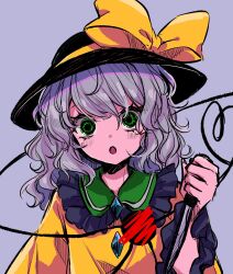 Rule 34 | 1girl, black hat, blush, buttons, collared shirt, diamond button, frilled shirt collar, frilled sleeves, frills, green eyes, grey background, grey hair, hat, hat ribbon, heart, heart of string, highres, holding, holding knife, knife, komeiji koishi, long hair, long sleeves, looking at viewer, open mouth, ribbon, shirt, simple background, solo, touhou, upper body, wide sleeves, yellow ribbon, yellow shirt, yoma (lycoris109)