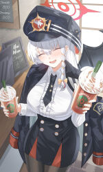 Rule 34 | 1girl, absurdres, black hat, black skirt, black wings, blue archive, braid, breasts, coat, cup, day, drink, facing viewer, food, halo, haruna (blue archive), hat, highres, holding, holding drink, indoors, jacket, jacket on shoulders, large breasts, long hair, long sleeves, necktie, open mouth, pantyhose, red halo, shirt, side braid, single wing, skirt, smile, solo, sysen, uniform, white shirt, wings