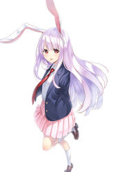 Rule 34 | 1girl, :p, animal ear fluff, animal ears, arms behind back, blazer, blush, jacket, loafers, long hair, looking at viewer, necktie, pleated skirt, purple hair, rabbit ears, red eyes, red necktie, reisen udongein inaba, shoes, skirt, smile, solo, tongue, tongue out, touhou, unowen, white legwear
