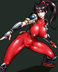 Rule 34 | 1girl, bad id, bad pixiv id, black hair, bodysuit, breasts, brown hair, collarbone, covered erect nipples, female focus, fighting stance, fingerless gloves, fjt (fjym2), fjym2, gloves, green eyes, groin, large breasts, long hair, lowres, navel, nipples, ponytail, puffy nipples, red gloves, sandals, shoulder pads, skin tight, solo, soul calibur, soulcalibur, soulcalibur ii, spandex, taki (soulcalibur), thighs, weapon