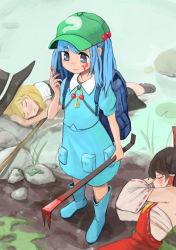 Rule 34 | 3girls, absurdres, black hair, black hat, blonde hair, blood, blood on face, blue eyes, blue hair, blue skirt, blunt bangs, boots, bow, broom, closed eyes, closed mouth, crowbar, green hat, hair bobbles, hair bow, hair ornament, hair tubes, hakurei reimu, hat, highres, holding, holding crowbar, kawashiro nitori, key, kirisame marisa, long hair, multiple girls, outdoors, permanentlow, pocket, red skirt, rubber boots, sarashi, short eyebrows, skirt, standing, thick eyebrows, touhou, two side up, water, witch hat