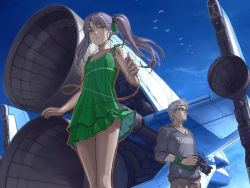 Rule 34 | 1boy, 1girl, bare shoulders, blue eyes, blue sky, brown eyes, brown hair, camera, camisole, commentary request, day, digital media player, dress, earbuds, earphones, glasses, green dress, hair ribbon, long hair, original, outdoors, ribbon, silver hair, sky, spacecraft, tantaka, thrusters, twintails