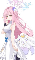 Rule 34 | 1girl, absurdres, blue archive, blush, breasts, crescent, dress, feathered wings, flower, hair bun, hair flower, hair ornament, hair scrunchie, halo, hand to own mouth, highres, large breasts, looking at viewer, low wings, mika (blue archive), notice lines, opm7760, parted lips, pink hair, scrunchie, simple background, single side bun, skirt hold, sleeveless, sleeveless dress, solo, white background, white dress, white wings, wings, wrist scrunchie, yellow eyes