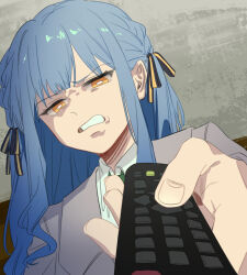 Rule 34 | 1girl, absurdres, bang dream!, bang dream! it&#039;s mygo!!!!!, black ribbon, blue hair, bright pupils, chinese commentary, clenched teeth, collared shirt, commentary request, controller, foreshortening, frown, green necktie, grey jacket, hair ribbon, haneoka school uniform, highres, holding, holding remote control, jacket, long sleeves, looking at viewer, necktie, parted lips, remote control, ribbon, school uniform, shirt, solo, teeth, togawa sakiko, upper body, white pupils, white shirt, yellow eyes, yuan shuang