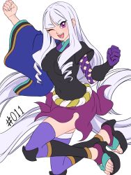 Rule 34 | 1girl, blush, breasts, curly hair, gloves, highres, japanese clothes, katanagatari, knees, long hair, medium breasts, mefomefo, nail, numbered, one eye closed, purple eyes, purple skirt, sandals, skirt, smile, solo, thighhighs, togame, white hair