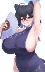 1girl ahoge animal_ear_fluff animal_ears armpits black_hair blue_archive blue_dress breasts china_dress chinese_clothes commentary covered_navel dress folding_fan grin groin hair_between_eyes hand_fan highres holding holding_fan huge_breasts kaguya_(blue_archive) kuavera looking_at_viewer short_hair sideboob simple_background sleeveless sleeveless_dress smile solo white_background yellow_eyes