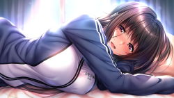 Rule 34 | 1girl, amakano 2, azarashi soft, bed, black hair, blush, breast press, breasts, female focus, game cg, highres, indoors, jacket, kurohime yuuhi, large breasts, long hair, looking at viewer, lying, navel, on bed, on side, open mouth, pillow, piromizu, red eyes, solo, track jacket, upper body