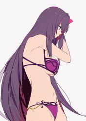 Rule 34 | 1girl, back, bikini, breasts, fate/grand order, fate (series), flower, hair flower, hair ornament, large breasts, long hair, navel, purple bikini, purple eyes, purple hair, scathach (fate), scathach (fate), scathach (swimsuit assassin) (fate), sideboob, simple background, sohin, solo, swimsuit, underboob, very long hair