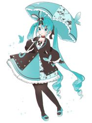 Rule 34 | 1girl, ahoge, alternate costume, aqua butterfly, aqua dress, aqua eyes, aqua footwear, black bow, black choker, black gloves, black jacket, black pantyhose, black ribbon, bow, bug, butterfly, buttons, choker, collarbone, commentary request, dress, drill hair, facing viewer, flower, gloves, hair between eyes, hair bow, hair flower, hair ornament, hair ribbon, hairclip, hatsune miku, highres, holding, insect, jacket, knees together feet apart, lapels, long hair, long sleeves, mary janes, mint chocolate, open hand, pantyhose, parasol, parted lips, partially unbuttoned, raised eyebrows, ribbon, shirt, shoes, sidelocks, simple background, sleeves past wrists, solo, sparkle, standing, standing on one leg, twin drills, twintails, umbrella, uon shil, very long hair, vocaloid, white background