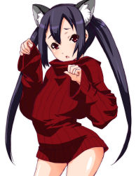 Rule 34 | 1girl, animal ears, black hair, cat ears, k-on!, long hair, looking at viewer, nakano azusa, naked sweater, red eyes, ribbed sweater, shinama, simple background, solo, sweater, twintails, white background