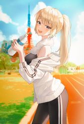 Rule 34 | 1girl, absurdres, backlighting, bare shoulders, blonde hair, blue sky, blurry, blurry background, bottle, building, cloud, cloudy sky, highres, holding, holding bottle, jacket, jersey, jisu lee, looking at viewer, open mouth, original, outdoors, pants, ponytail, racetrack, sidelocks, sky, smile, sunlight, sweat, towel, towel around neck, tower, track pants, turning head, water bottle, wet, white jacket