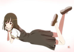 Rule 34 | 1girl, artist logo, bakemonogatari, blouse, brown eyes, brown footwear, brown hair, brown sailor collar, brown skirt, choppy bangs, closed mouth, commentary, dated, dress shirt, elbow rest, feet up, from side, gradient background, hands on own chin, head rest, huumoon, looking at viewer, looking to the side, lying, medium hair, monogatari (series), nanahyakuichi middle school uniform, necktie, no socks, on stomach, pink background, puffy short sleeves, puffy sleeves, red necktie, sailor collar, school uniform, sengoku nadeko, serafuku, shirt, shoes, short sleeves, signature, skirt, smile, solo, suspender skirt, suspenders, white background, white shirt
