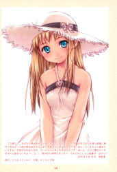 Rule 34 | 1girl, absurdres, bare arms, bare shoulders, blonde hair, blue eyes, blush, breasts, closed mouth, collarbone, dress, halter dress, halterneck, hat, highres, inou shin, light brown hair, long hair, looking at viewer, original, page number, ribbon, scan, shiny skin, simple background, small breasts, smile, solo, straw hat, sun hat, upper body, v arms, white background, white hat