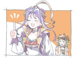 1boy 1girl brown_hair dress earrings grandia grandia_i hat jewelry liete_(grandia) long_hair michibata_65 open_mouth pointy_ears purple_hair rapp_(grandia) smile