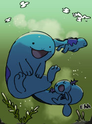 Rule 34 | &gt; &lt;, :d, air bubble, black eyes, bubble, commentary, creatures (company), evolutionary line, game freak, gen 2 pokemon, gigobyte350, highres, nintendo, no humans, open mouth, pokemon, pokemon (creature), quagsire, seaweed, smile, solid circle eyes, underwater, wooper
