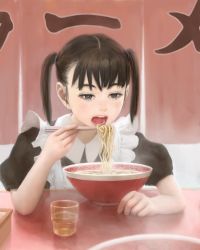 Rule 34 | 1girl, black eyes, black hair, bowl, chopsticks, cup, eating, food, holding, holding chopsticks, maid, mujiha, noodles, open mouth, original, ramen, short sleeves, short twintails, solo, steam, teeth, tongue, twintails, twintails day