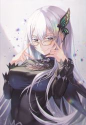 Rule 34 | 1girl, adjusting eyewear, bespectacled, black dress, blush, breasts, butterfly hair ornament, colored eyelashes, dress, echidna (re:zero), glasses, grey background, hair between eyes, hair ornament, hands up, highres, large breasts, long hair, long sleeves, looking at viewer, re:zero kara hajimeru isekai seikatsu, seozo, smile, solo, striped clothes, striped dress, two-tone background, upper body, white hair