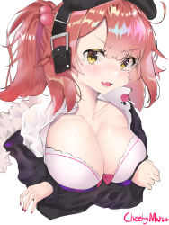 Rule 34 | 1girl, blush, bra, breasts, cherrymaru, cleavage, collarbone, crying, crying with eyes open, fang, girls&#039; frontline, highres, large breasts, looking at viewer, medium hair, mp7 (girls&#039; frontline), nail polish, open mouth, red hair, red nails, side ponytail, solo, tears, underwear, upper body, yellow eyes