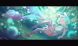 Rule 34 | + +, 1girl, animal ears, aqua hair, black thighhighs, blurry, blush stickers, bow, bowtie, bubble, caustics, commentary, detached sleeves, film grain, fish, flower, from below, green hair, hair flower, hair ornament, highres, horse ears, letterboxed, light particles, looking at viewer, looking to the side, lure, midriff, ocean, original, purple eyes, sea slug, short hair, short shorts, shorts, sunlight, thighhighs, underwater, water, wwgyouxv