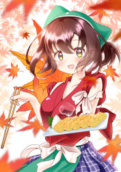 Rule 34 | 1girl, :d, apron, autumn leaves, blurry, blurry foreground, blush, breasts, brown hair, chopsticks, chotto ippai!, collarbone, commentary request, falling leaves, food, green apron, green headwear, happy, holding, holding chopsticks, leaf, looking at viewer, medium breasts, miyahara momiji, open mouth, pleated skirt, red shirt, rice, shirt, skirt, smile, solo, steam, waist apron, yellow eyes, yu-ka0919