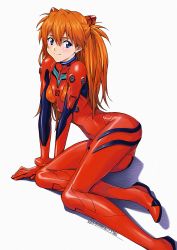 Rule 34 | 1girl, arm support, ass, blue eyes, blush, bodysuit, breasts, curvy, full body, hair between eyes, hair ornament, interface headset, isshi pyuma, long hair, neon genesis evangelion, orange hair, pilot suit, plugsuit, red bodysuit, shadow, shiny clothes, signature, sitting, small breasts, smile, solo, souryuu asuka langley, twintails, twitter username, two side up, white background