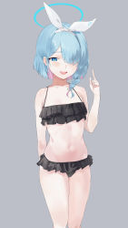Rule 34 | 1girl, absurdres, arm behind back, arona (blue archive), bikini, bikini skirt, black bikini, blue archive, blue eyes, blue hair, blush, bow, bow hairband, braid, collarbone, colored inner hair, frilled bikini, frills, grey background, hair over one eye, hairband, halo, highres, index finger raised, light blue hair, looking at viewer, multicolored hair, navel, official alternate costume, open mouth, sadan1317, simple background, smile, solo, swimsuit, white bow, white hairband