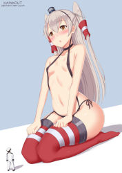 Rule 34 | 1boy, 1girl, :o, admiral (kancolle), amatsukaze (kancolle), areola slip, artist name, black panties, blush, breasts, brown eyes, covered erect nipples, dutch angle, female focus, from side, full body, garter straps, giant, giantess, hair between eyes, hair tubes, hands on own thighs, hat, highres, kainkout, kantai collection, long hair, mini hat, nose blush, panties, red thighhighs, revealing clothes, seiza, side-tie panties, silver hair, sitting, small breasts, solo, string panties, suspenders, tareme, thighhighs, topless, two side up, underwear
