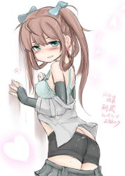Rule 34 | 10s, 1girl, :d, against wall, asagumo (kancolle), ass, bike shorts, bike shorts pull, blush, bra, breasts, brown hair, clothes pull, covered erect nipples, cowboy shot, earrings, from behind, gradient background, green eyes, hair ornament, heart, jewelry, kanji, kantai collection, long hair, looking at viewer, looking back, no bra, no panties, okiraku nikku, open clothes, open mouth, open shirt, parted lips, shirt, sideboob, simple background, skirt, skirt pull, smile, solo, standing, thighs, tongue, translation request, twintails, underwear, white background
