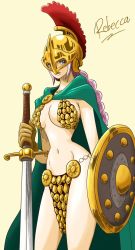 Rule 34 | 1girl, armor, bikini armor, breasts, brown eyes, cape, chainmail, cleavage, dressrosa, female focus, gladiator, gloves, helmet, highres, large breasts, one piece, pink hair, rebecca (one piece), shield, solo, sword, warrior, weapon