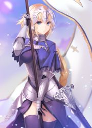 Rule 34 | 1girl, :o, armor, armored dress, bad id, bad pixiv id, banner, black thighhighs, blonde hair, blue eyes, breasts, capelet, fate/apocrypha, fate/grand order, fate (series), flagpole, forehead protector, gauntlets, headpiece, highres, jeanne d&#039;arc (fate), jeanne d&#039;arc (ruler) (fate), large breasts, long hair, scabbard, sheath, sheathed, solo, sword, thighhighs, very long hair, wakame mi, weapon