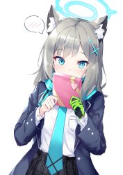 Rule 34 | 1girl, animal ear fluff, animal ears, black jacket, black skirt, blue archive, blue eyes, blue necktie, blue scarf, blush, box, commentary request, covered mouth, dutch angle, fringe trim, gift, gift box, gloves, green gloves, grey hair, halo, hands up, highres, holding, holding gift, jacket, long hair, long sleeves, looking at viewer, necktie, open clothes, open jacket, plaid, plaid skirt, scarf, shiroko (blue archive), shirt, simple background, skirt, solo, spoken blush, valentine, white background, white shirt, yuki kawachi