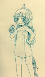 Rule 34 | 1girl, arinu, bottle, closed mouth, cowboy shot, hand on own hip, highres, holding, holding bottle, horns, komano aunn, long hair, milk, milk bottle, monochrome, naked towel, pointy ears, simple background, single horn, standing, touhou, towel, very long hair, wet, wet hair