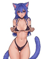 Rule 34 | 1girl, animal ears, bikini, black bikini, blue eyes, blue hair, breasts, cat ears, cat girl, cat tail, character request, choker, closed mouth, collarbone, copyright request, cowboy shot, fingerless gloves, fishnet gloves, fishnets, gloves, hair between eyes, highleg, highleg bikini, highres, lips, looking at viewer, medium breasts, navel, o-ring, o-ring bikini, quilm, simple background, smile, solo, swimsuit, tail, thigh gap, white background