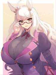 Rule 34 | 1girl, adjusting glasses, ahoge, animal ears, artist request, biwa hayahide (umamusume), breasts, dot nose, eyelashes, female focus, formal, glasses, hair ornament, highres, huge breasts, jewelry, long hair, long sleeves, looking at viewer, necklace, puffy short sleeves, puffy sleeves, purple suit, short sleeves, simple background, skin tight, solo, suit, umamusume, upper body, very long hair, white hair, yellow background, yellow eyes