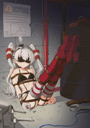Rule 34 | 1girl, absurdres, amatsukaze (kancolle), bdsm, black blindfold, black bra, black panties, blindfold, bondage, bound, bound arms, bound legs, bra, breast bondage, breasts, covered eyes, garter belt, gloves, hair tubes, hat, high heels, highres, kaddo, kantai collection, long hair, mini hat, navel, panties, red thighhighs, rudder footwear, shibari, shibari over clothes, silver hair, single glove, small breasts, solo, striped clothes, striped thighhighs, thighhighs, two side up, underwear, underwear only, white gloves