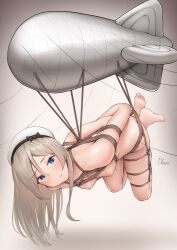 Rule 34 | 1girl, annoyed, arms behind back, bdsm, blue eyes, blush, bondage, bound, breast bondage, breasts, completely nude, driftkingtw, grey hair, hat, immobilization, javelin (kancolle), kantai collection, long hair, looking at viewer, nipples, nude, restrained, rope, royal navy, sailor hat, shibari, small breasts, solo