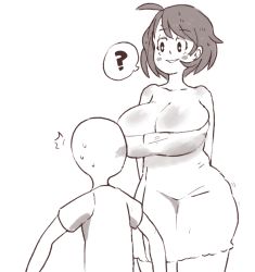 Rule 34 | 1boy, 1girl, ?, ^^^, age difference, ahoge, arms behind back, bald, bare shoulders, blush, blush stickers, breasts, cleavage, cowboy shot, curvy, faceless, faceless male, greyscale, impossible towel, inkerton-kun, large breasts, looking at breasts, mama-chan (inkerton-kun), mature female, monochrome, naked towel, shirt, short hair, simple background, smile, speech bubble, spoken question mark, spoken question mark, sweatdrop, t-shirt, tagme, towel, white background, wide hips