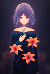 Rule 34 | 1girl, bad id, bad pixiv id, black dress, collarbone, colored eyelashes, criss-cross halter, dress, flower, halterneck, highres, long hair, long sleeves, off-shoulder dress, off shoulder, orange flower, original, parted bangs, parted lips, purple eyes, purple hair, signature, solo, standing, straight hair, yuhack