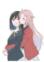 Rule 34 | 2girls, ahoge, black hair, black shirt, blush, buttons, cardigan, closed eyes, collared shirt, commentary request, cropped legs, fang, from side, grey skirt, hair between eyes, heads together, highres, hug, hug from behind, imminent kiss, long hair, long sleeves, looking at another, looking to the side, love live!, love live! nijigasaki high school idol club, mifune shioriko, multiple girls, neck ribbon, nijigasaki school uniform, open cardigan, open clothes, parted lips, pink hair, plaid, plaid skirt, puckered lips, red cardigan, red ribbon, ribbon, school uniform, shirt, short hair, simple background, skirt, standing, swept bangs, takahashi mugi, upper body, very long hair, white background, white shirt, yellow eyes, yellow ribbon, yuri, zhong lanzhu