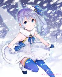 Rule 34 | 1girl, blue eyes, blush, fairy wings, gloves, harem gain, looking at viewer, momoyama momo, outdoors, side ponytail, silver hair, snow, snowing, solo, thighhighs, wings