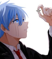 Rule 34 | 1boy, black jacket, blue eyes, blue hair, collared shirt, facial mark, from side, genjitsu o miro, hair between eyes, highres, holding, jacket, lance crown, long sleeves, looking at object, male focus, mashle, necktie, open clothes, open jacket, red necktie, shirt, short hair, simple background, solo, teeth, white background
