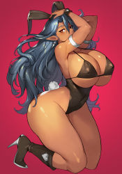 Rule 34 | 1girl, animal ears, arm strap, bare legs, bare shoulders, bikini, bikini top only, black bikini, black hairband, black leotard, blue hair, boots, breasts, brown footwear, cleavage, commentary, covered erect nipples, curvy, dark-skinned female, dark elf, dark skin, earrings, elf, fake animal ears, fake tail, full body, gurimjang, hairband, high heel boots, high heels, highres, huge breasts, jewelry, kneeling, leotard, long hair, looking at viewer, original, pointy ears, rabbit ears, rabbit tail, red background, red eyes, revision, simple background, solo, swimsuit, tail, thick thighs, thighs, very long hair, wrist cuffs