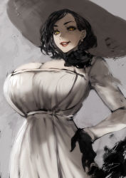 Rule 34 | 1girl, absurdres, alcina dimitrescu, apt, breasts, cleavage, commentary request, dress, hand on own hip, hat, highres, huge breasts, lipstick, long hair, looking at viewer, makeup, resident evil, resident evil village, smile, solo, white dress, yellow eyes