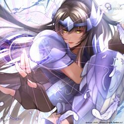 Rule 34 | 1girl, armor, armored leotard, artist request, bare legs, black hair, blue eyes, breasts, character name, female focus, fingerless gloves, floating hair, gauntlets, gloves, indoors, large breasts, long hair, looking at viewer, owl partita, parted lips, purple armor, revealing clothes, saint seiya, saint seiya: the lost canvas, shiny skin, smile, solo, tiara, twitter username, very long hair, wide hips